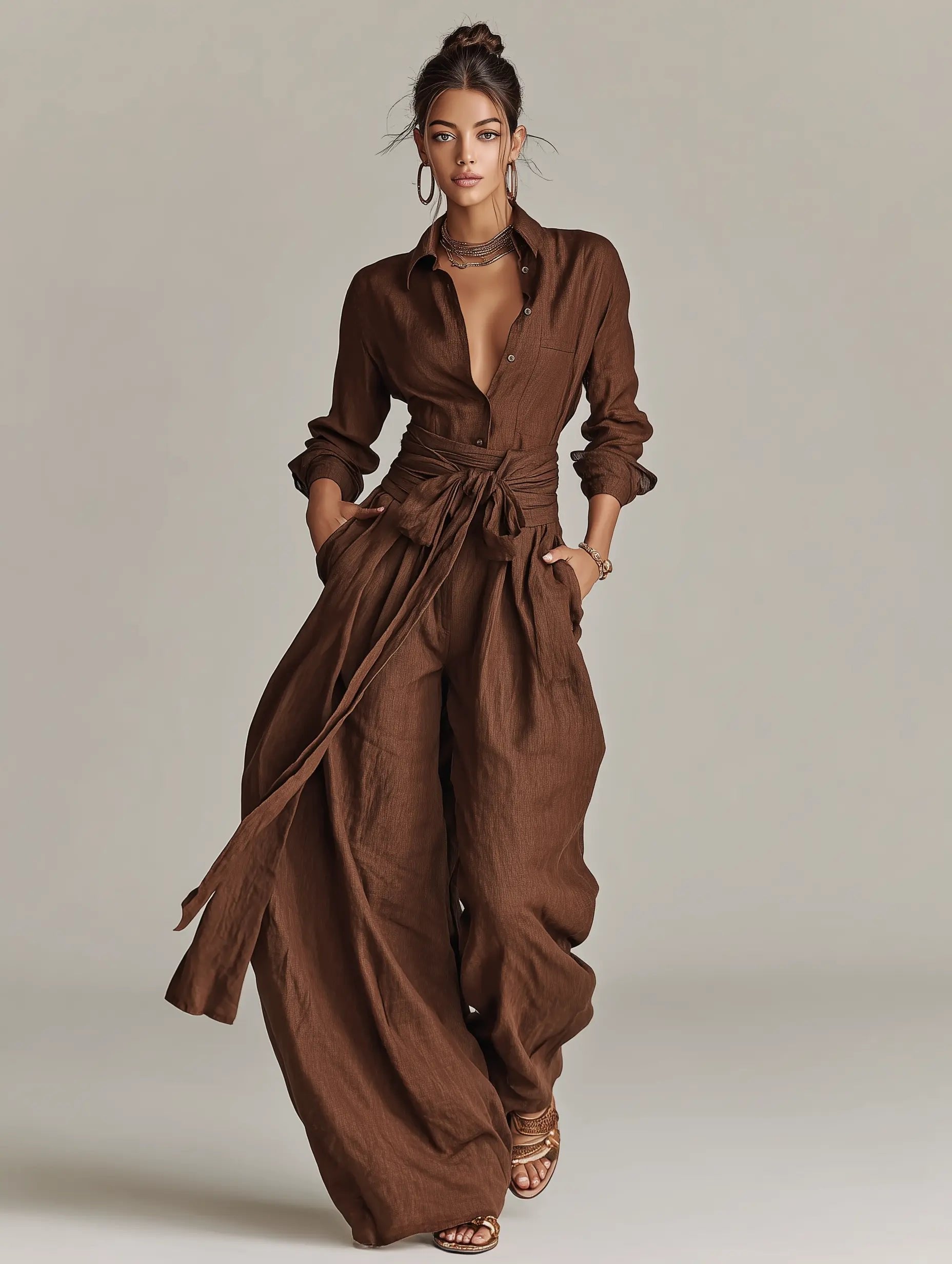 Katharina | Damen Linen Langarm Hemdkragen Gürtel