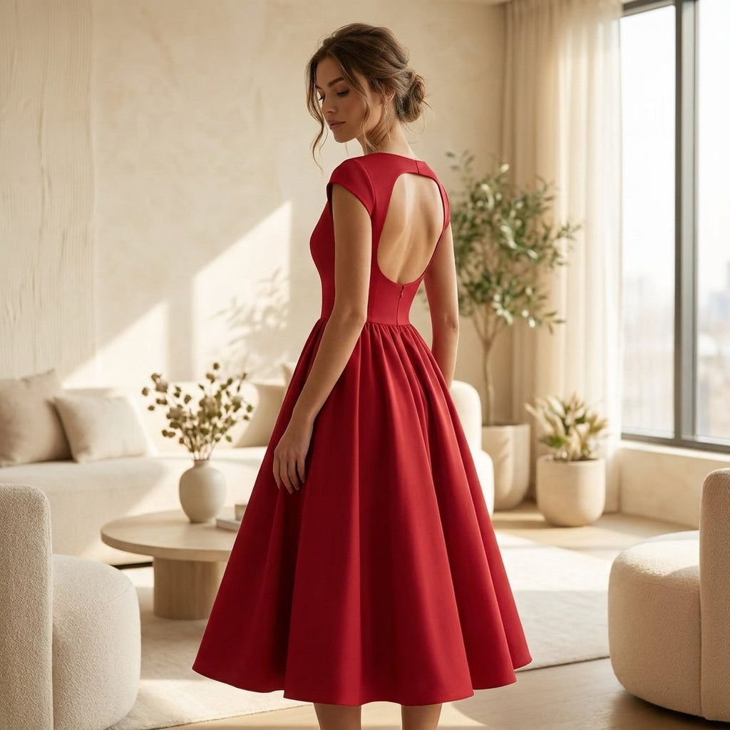 Anna | Damen Midikleid im klassischen Stil mit Puffärmeln für formale Hochzeitsgäste