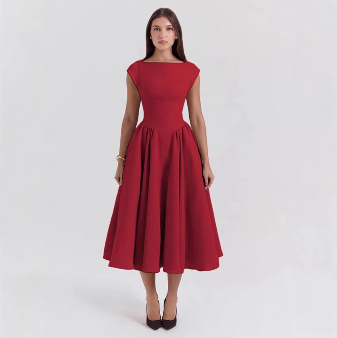 Anna | Damen Midikleid im klassischen Stil mit Puffärmeln für formale Hochzeitsgäste