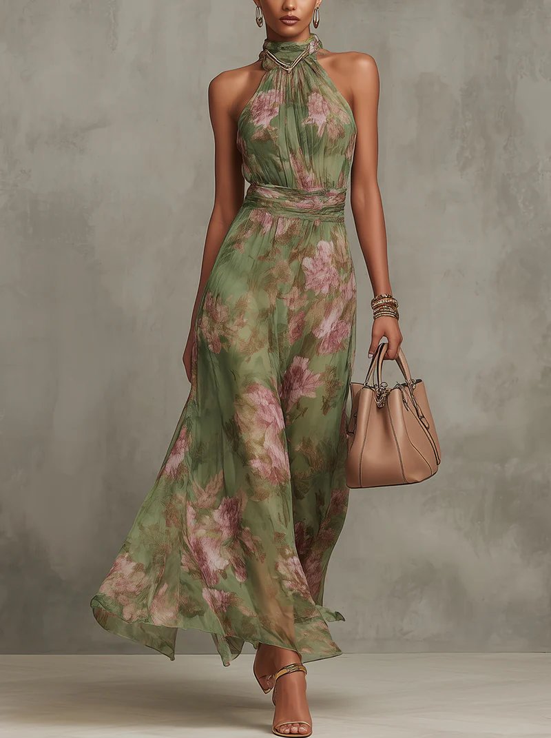 Elena | Damen Sommer Chiffon Maxikleid mit Blumenprint und Neckholder
