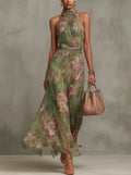 Elena | Damen Sommer Chiffon Maxikleid mit Blumenprint und Neckholder