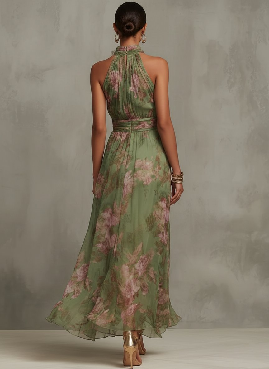 Elena | Damen Sommer Chiffon Maxikleid mit Blumenprint und Neckholder