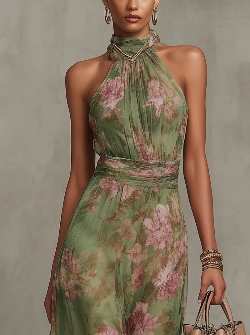 Elena | Damen Sommer Chiffon Maxikleid mit Blumenprint und Neckholder