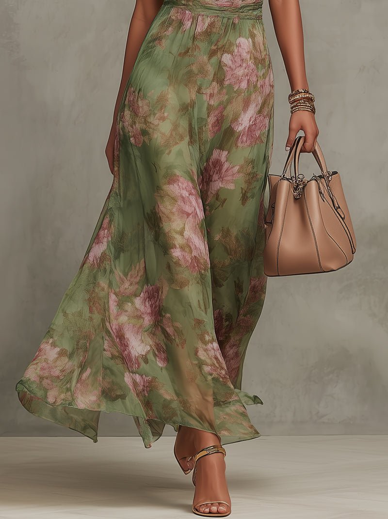 Elena | Damen Sommer Chiffon Maxikleid mit Blumenprint und Neckholder