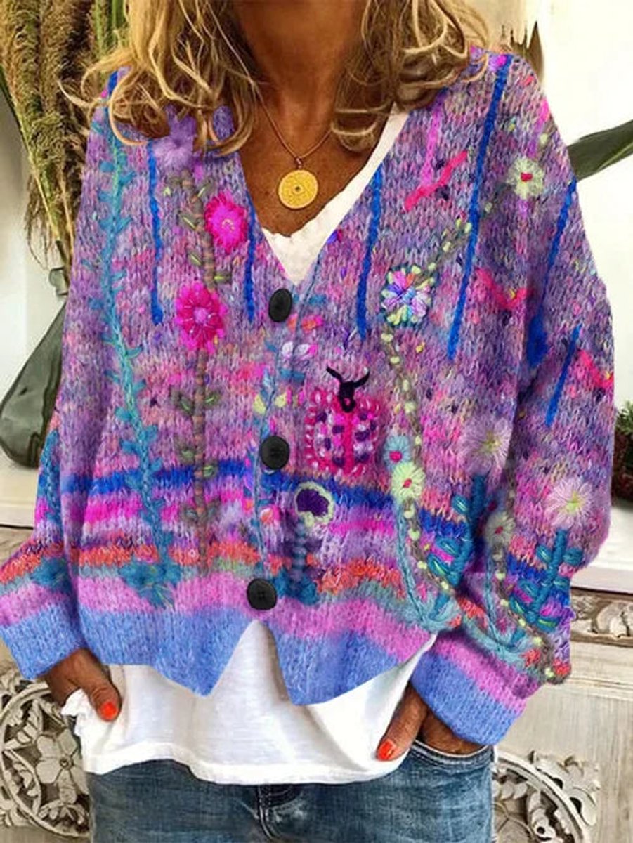 Marie | Damen Oversize-Strickjacke mit Blumenmuster zum Überziehen