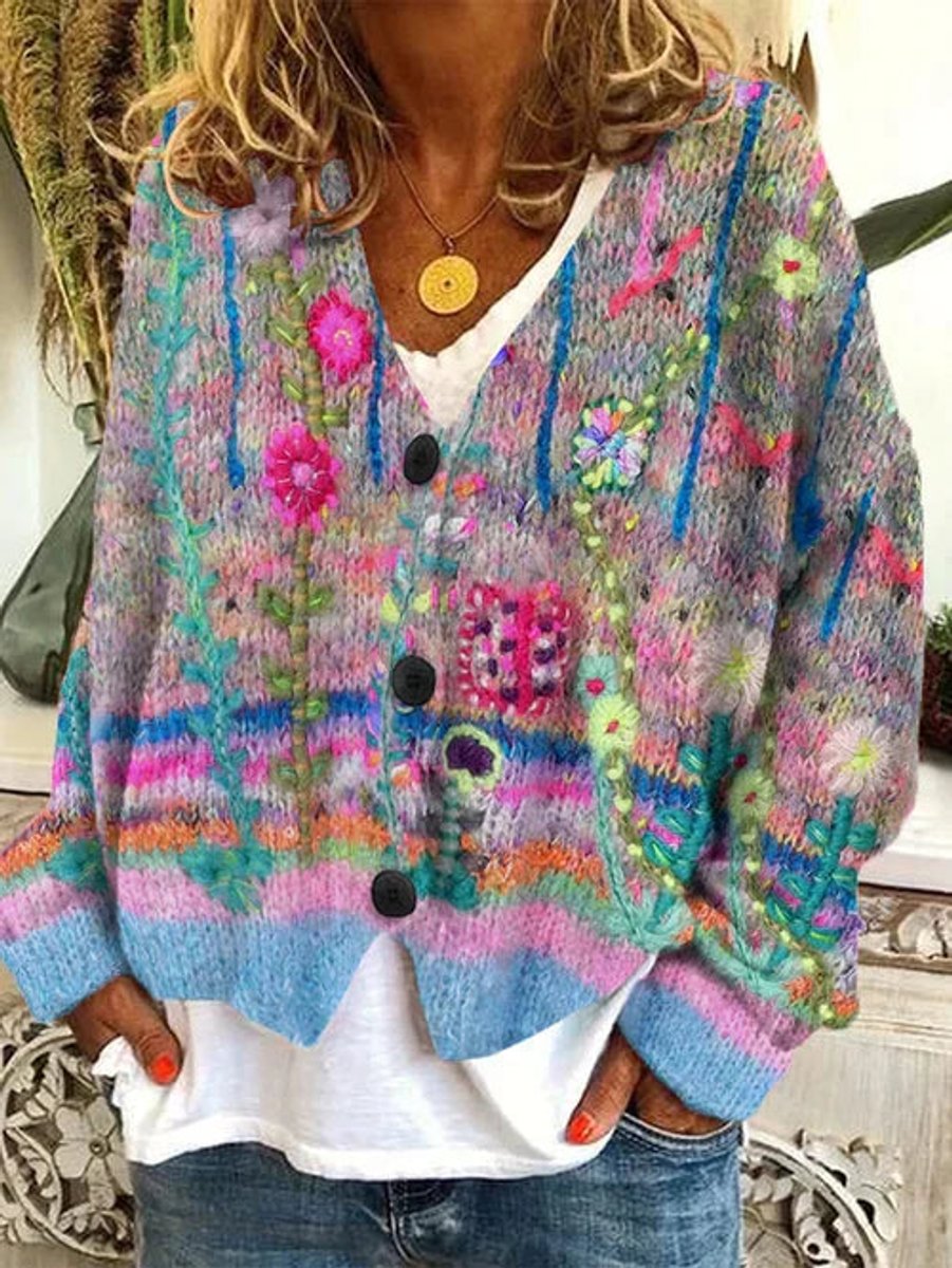 Marie | Damen Oversize-Strickjacke mit Blumenmuster zum Überziehen