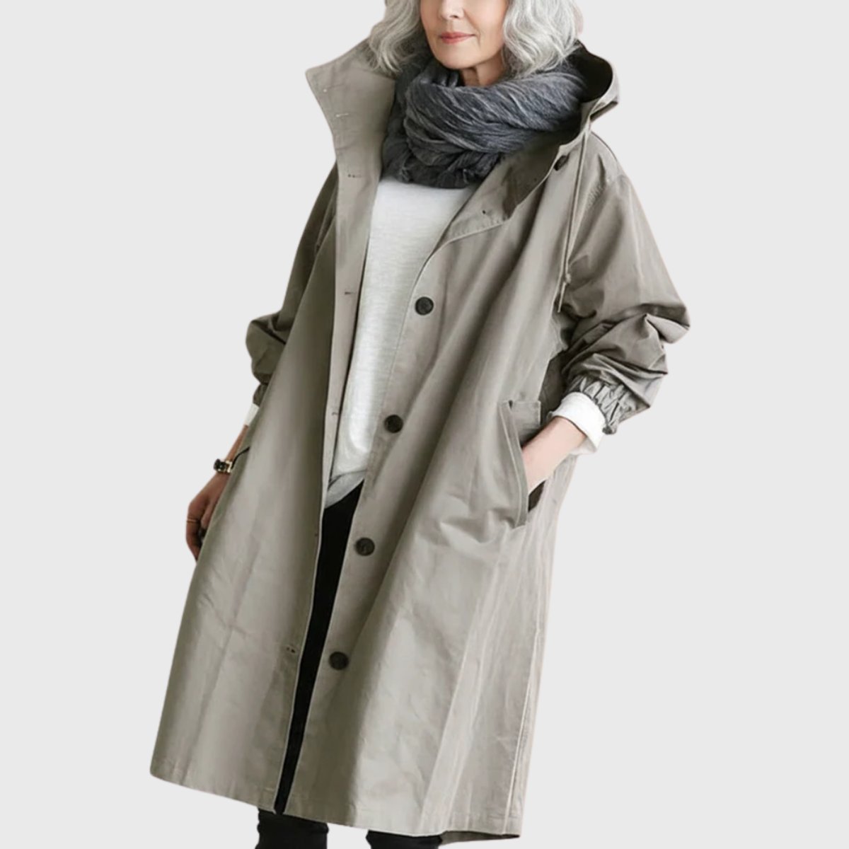 Nora | Damen Oversized Midi Trenchcoat mit Kapuze