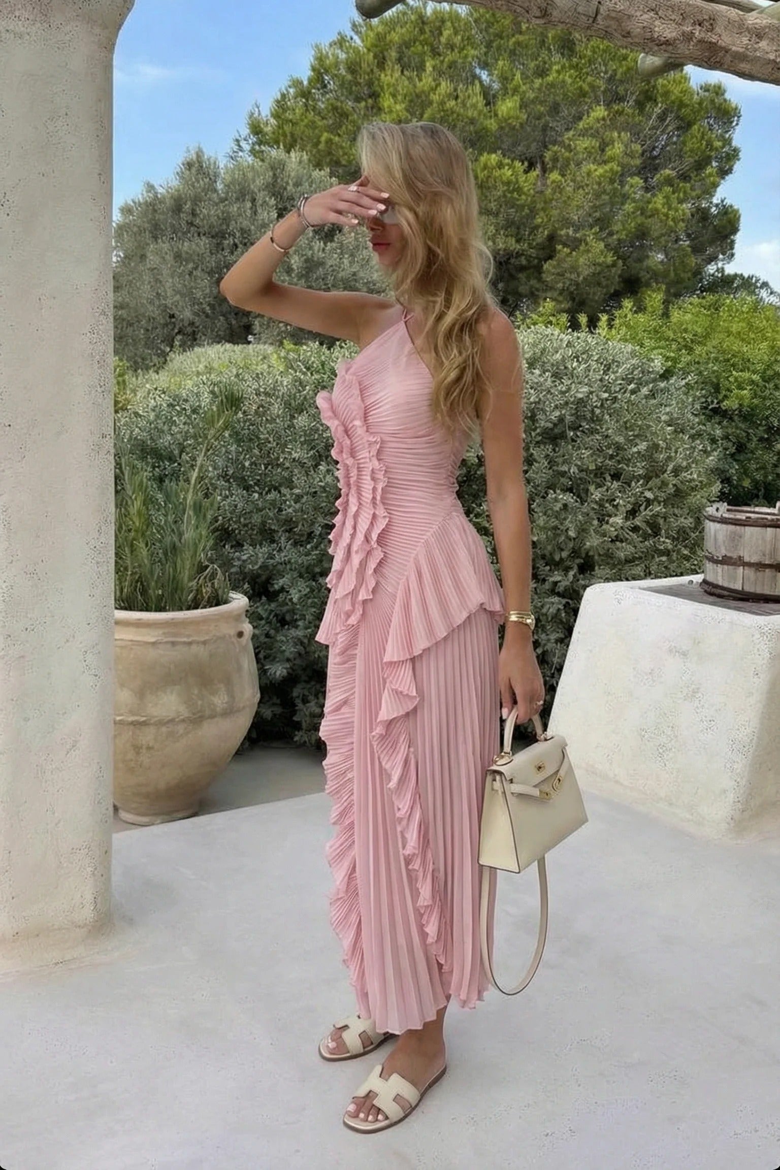 Klara | Damen plissiertes Maxikleid mit zierlichen Rüschen für Hochzeitsgäste im Sommer