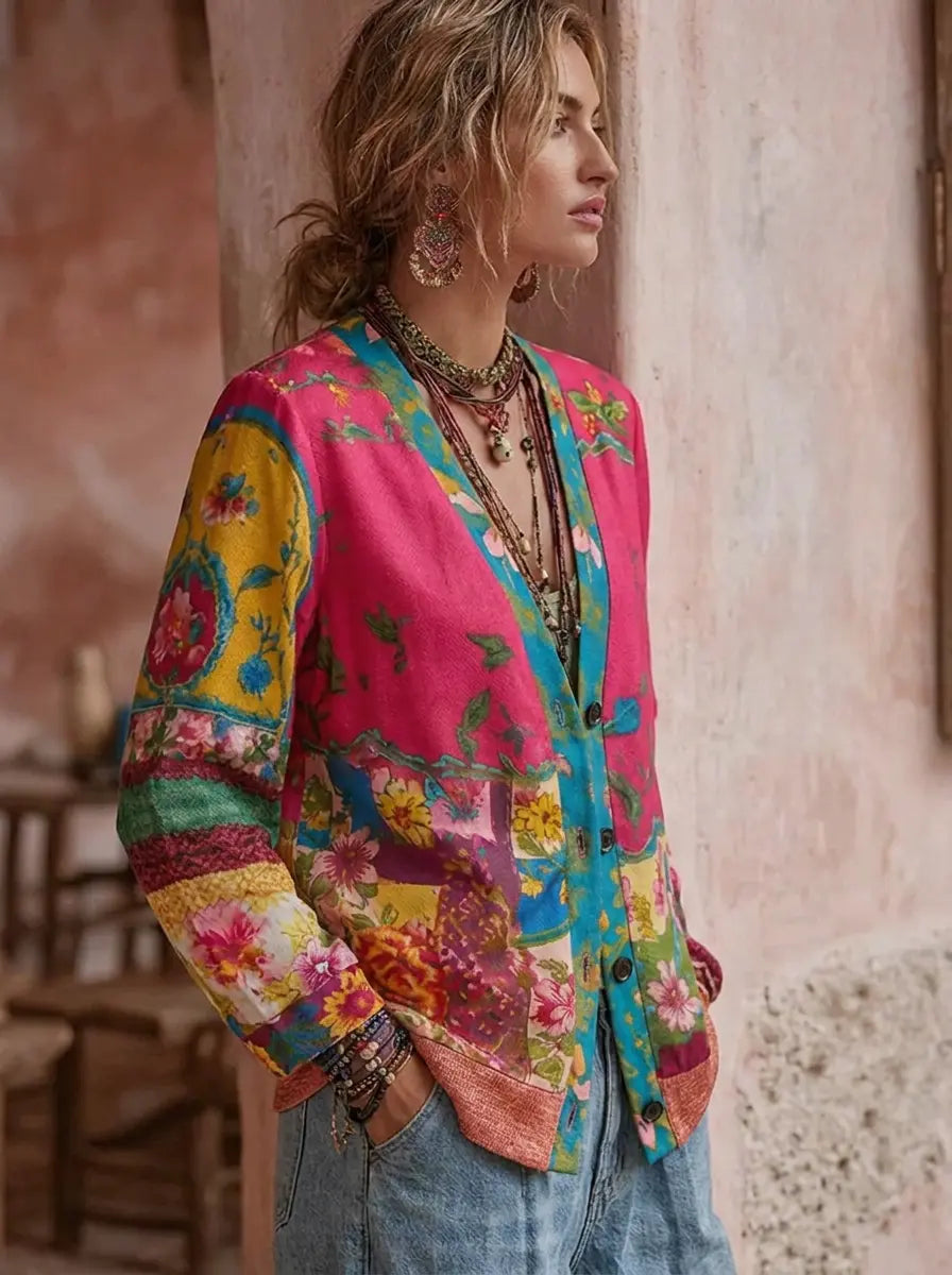 Mia | Damen Strickjacke im Boho-Vintage-Stil mit Blüten