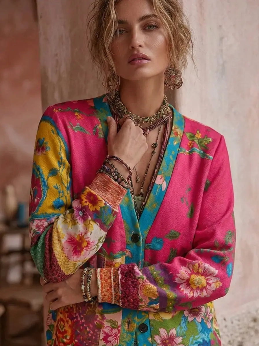 Mia | Damen Strickjacke im Boho-Vintage-Stil mit Blüten
