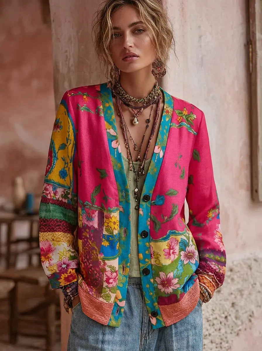 Mia | Damen Strickjacke im Boho-Vintage-Stil mit Blüten