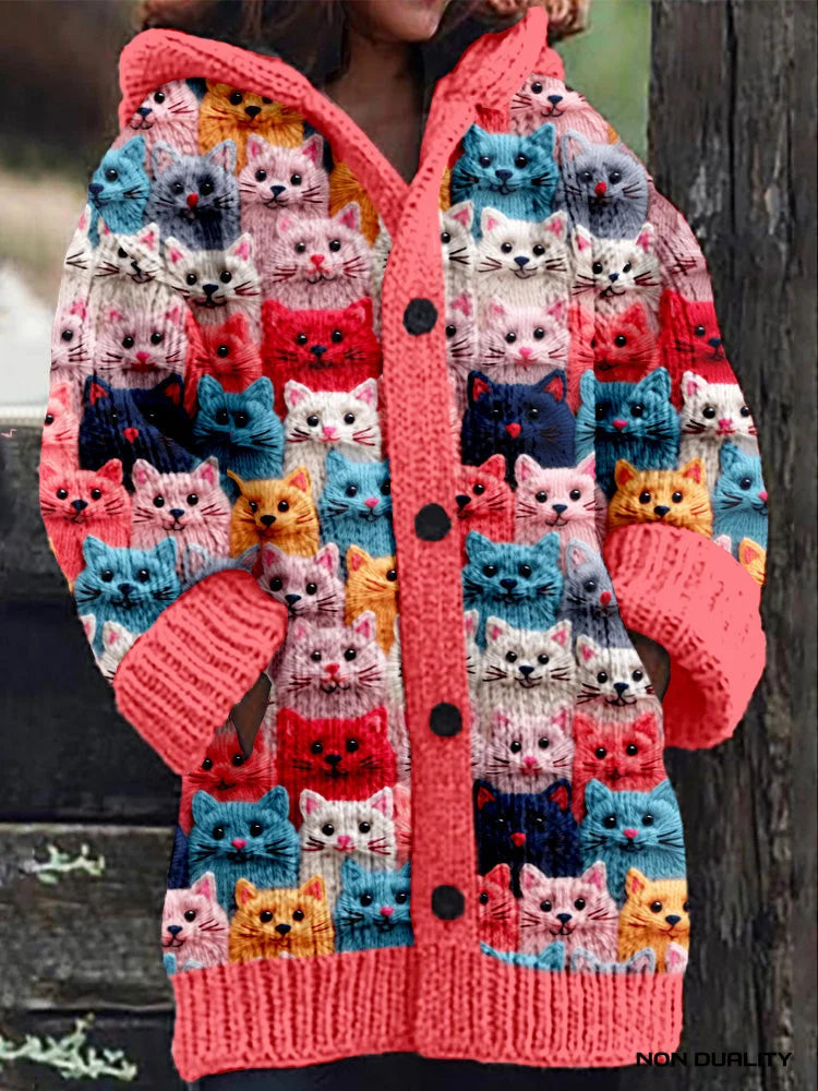 Marie | Damen Übergroße Kuschelige Strickjacke im Katzendesign