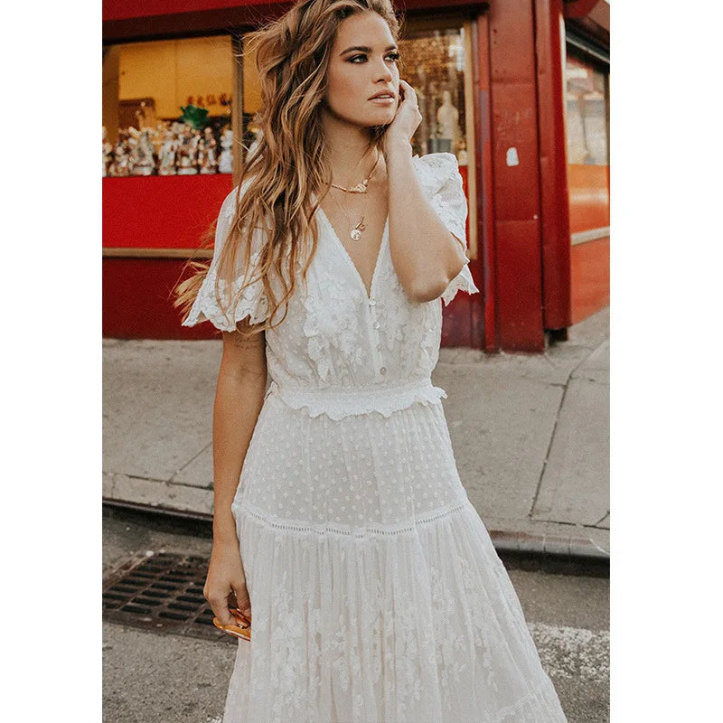 Helena | Damen Weißes Boho Sommerkleid