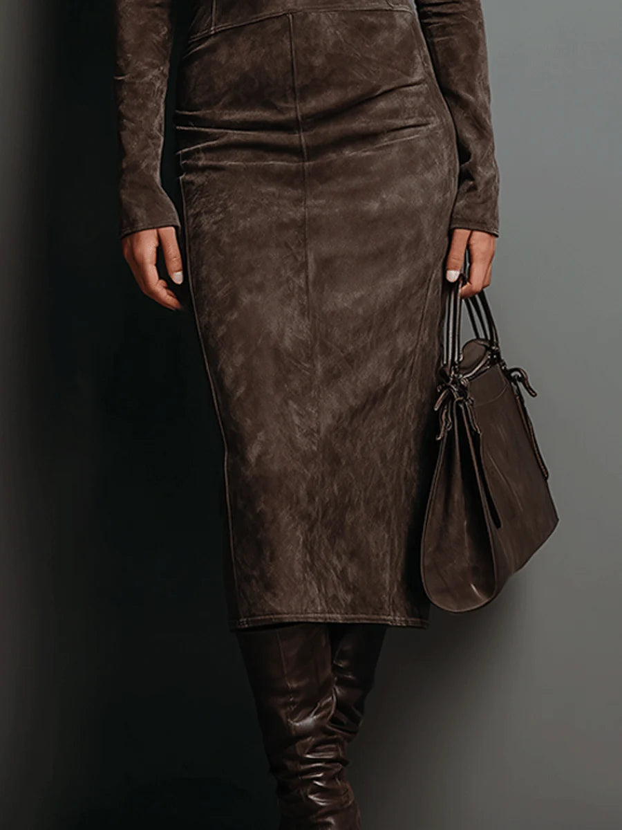 Helena | Damen Wildleder Herbstkleid in Midilänge