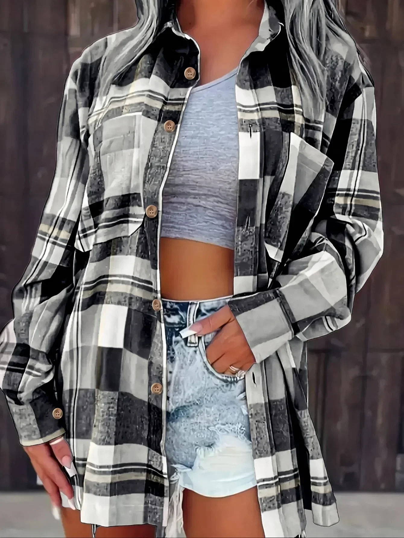Kessia | Damen Flanellhemd Kariert Oversized Langarm Herbst