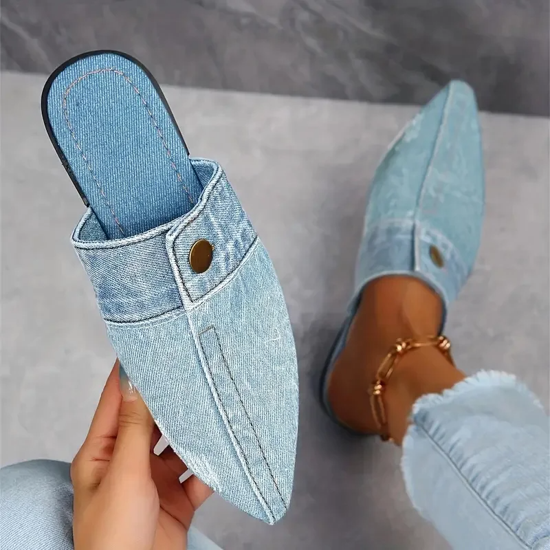 Demi | Damen Denim-Mules Spitz Flach Slip-on Jeans-Look