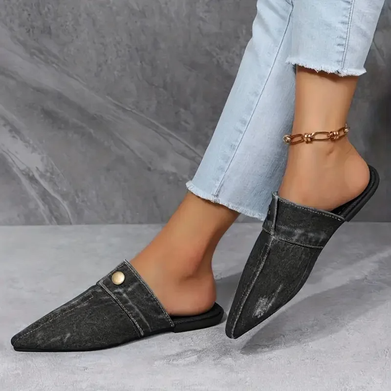 Demi | Damen Denim-Mules Spitz Flach Slip-on Jeans-Look