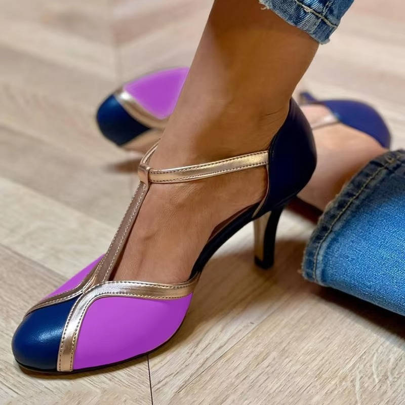 Damen Sommer Absatz Vintage Pumps mit T-Riemchen
