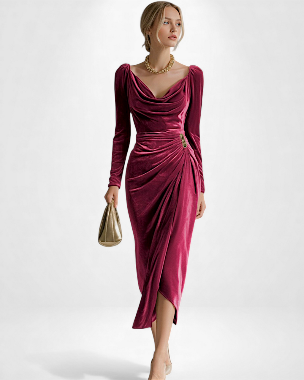 Langarm Samtkleid mit Drapiertem Ausschnitt und Schlitz - Midi
