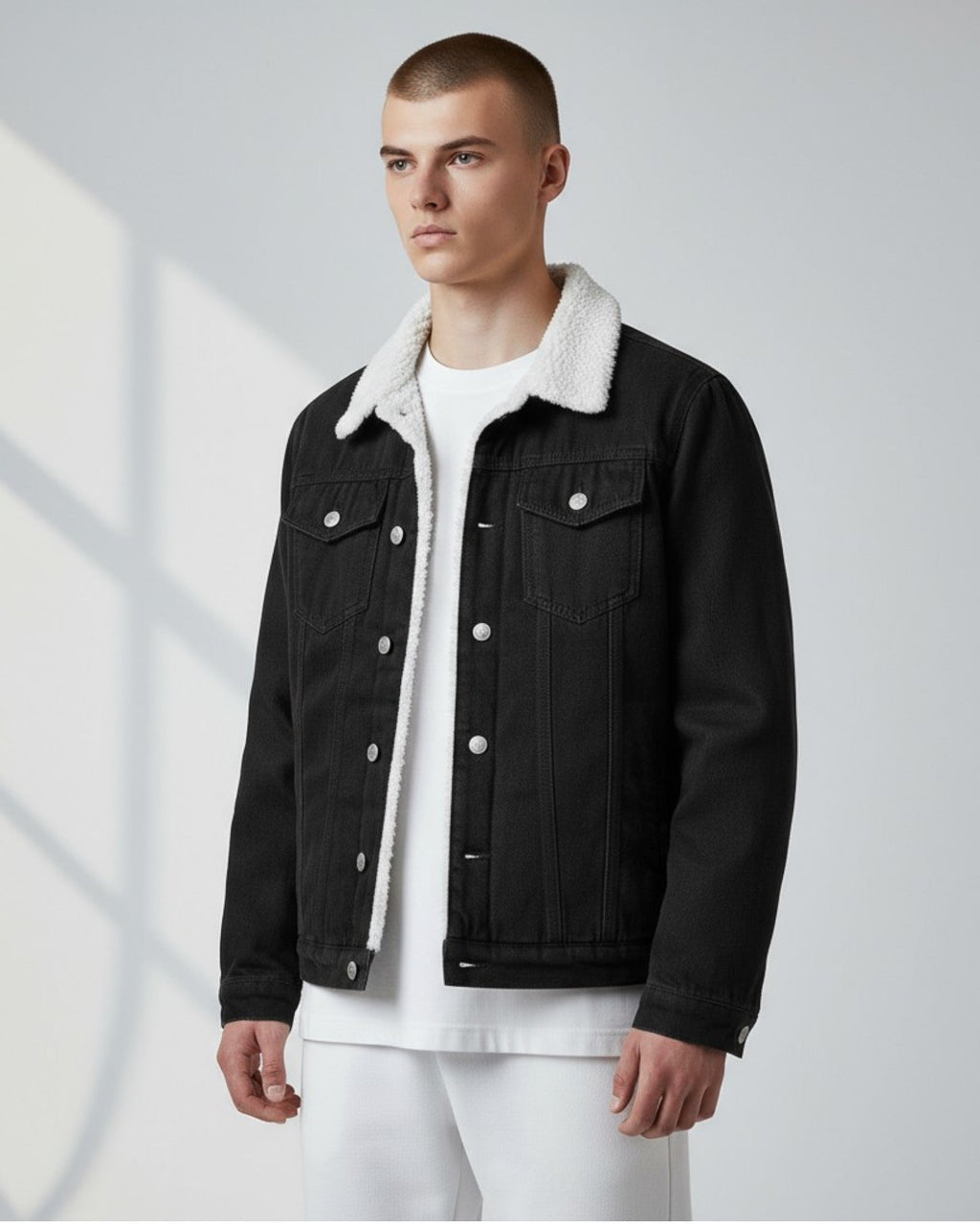 Gefütterte Jeansjacke für Herren mit flauschigem Hemdkragen