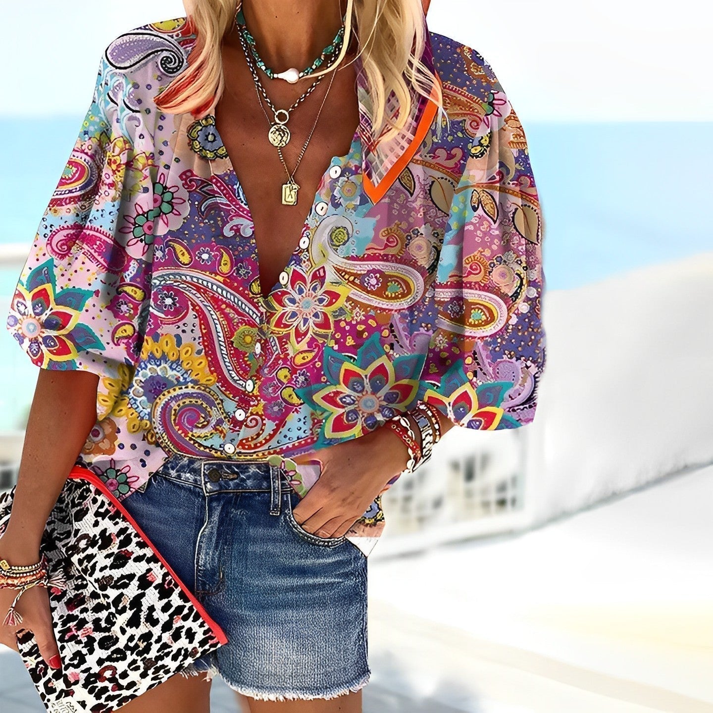 Maya | Damen Bluse Paisley Mandala Print V-Ausschnitt Boho