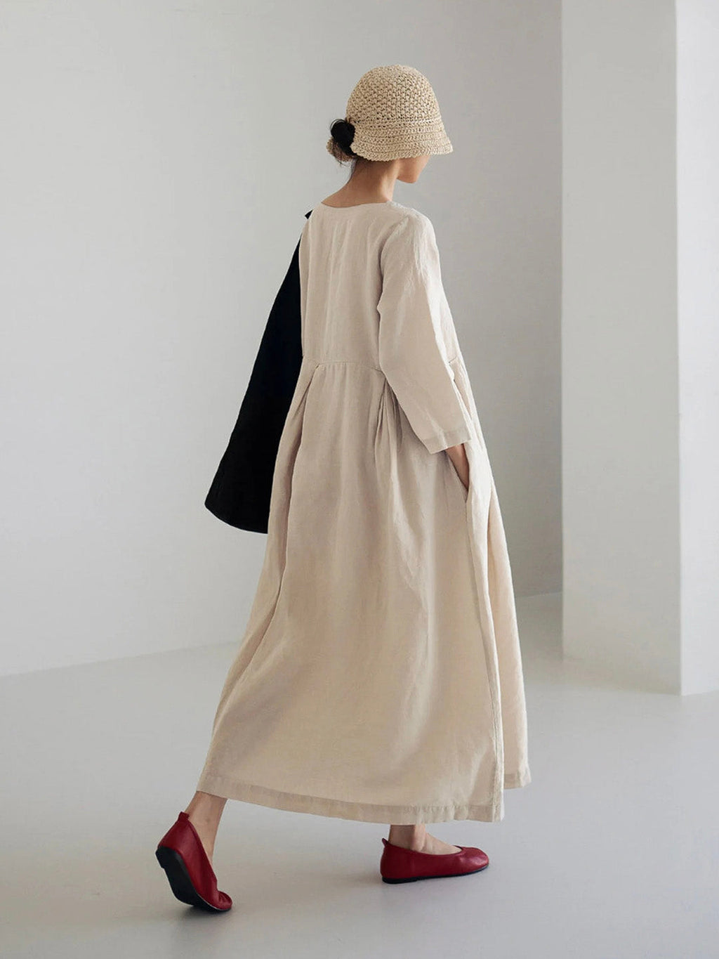 Damen Sommer Langarm Leinen Maxikleid