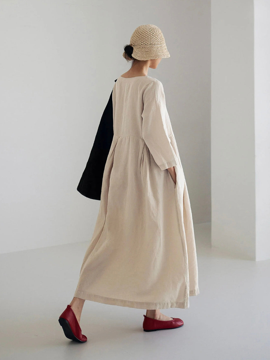 Damen Sommer Langarm Leinen Maxikleid