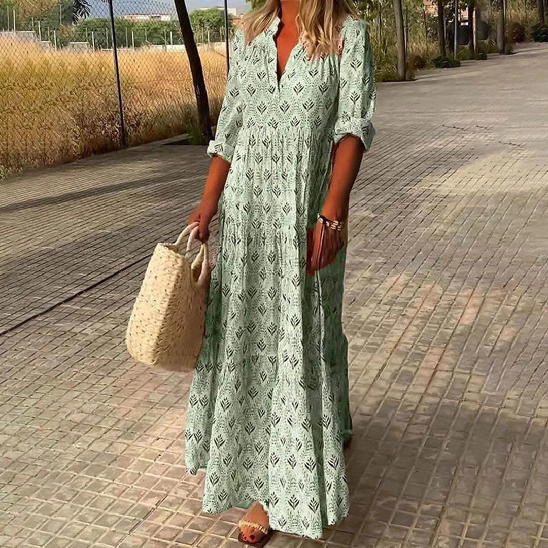 Editha | Leichtes Boho Maxi-Sommerkleid mit Langarm