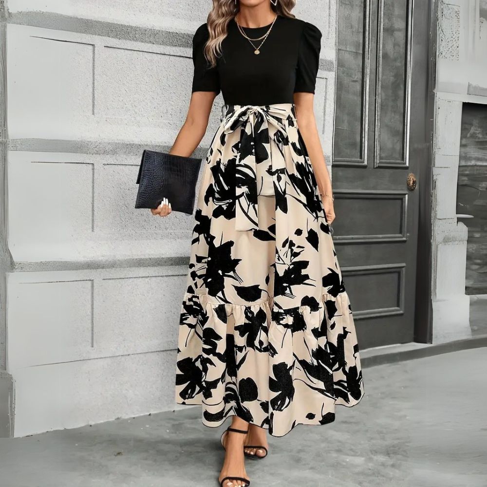 Aria | Damen Maxi-Kleid Puffärmel Blumendruck Bindegürtel