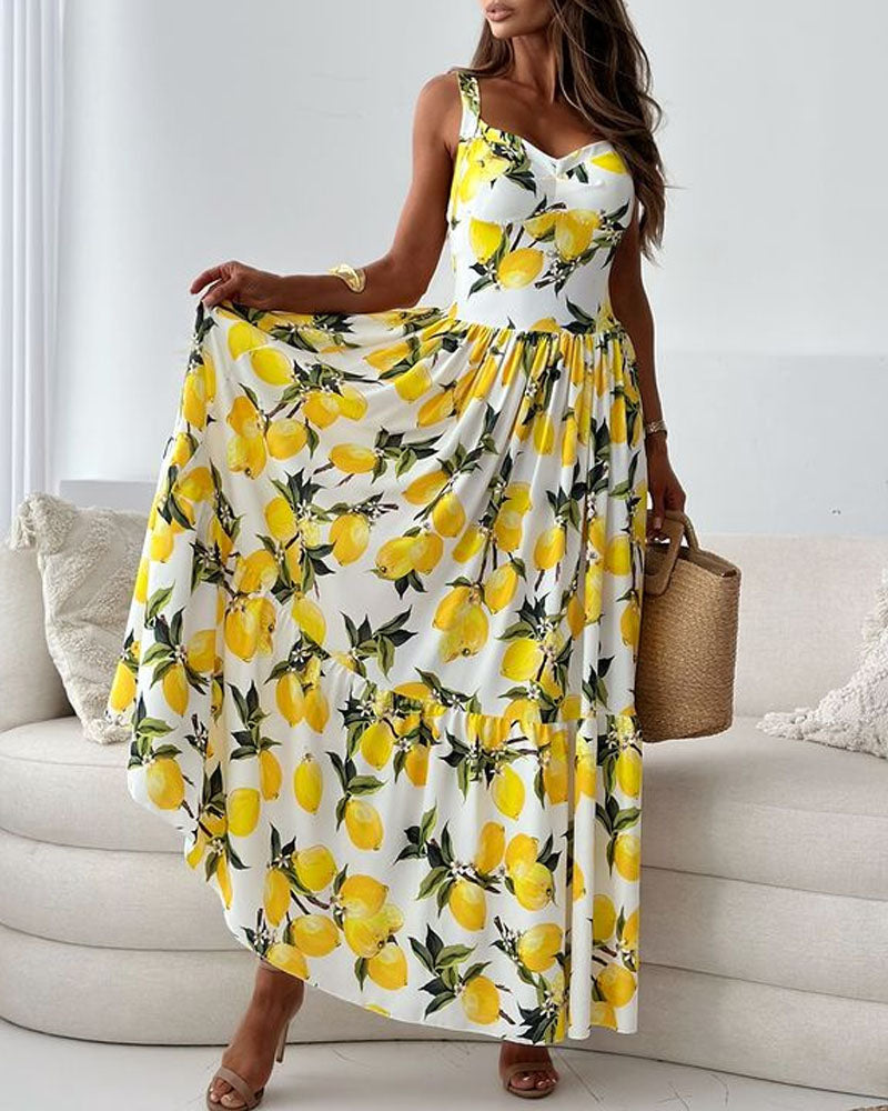 Isabella | Elegantes Damen Maxikleid mit Obstmuster