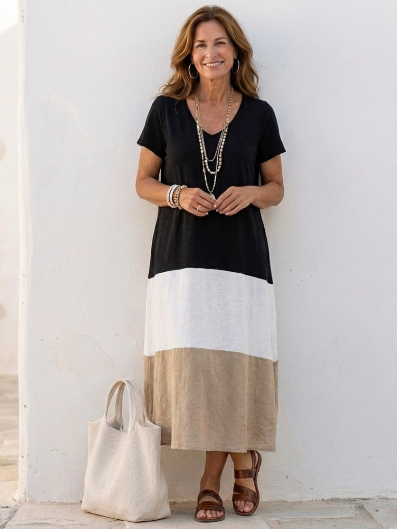 Eleonora | Damen Farbblock V-Ausschnitt Midi Kleid