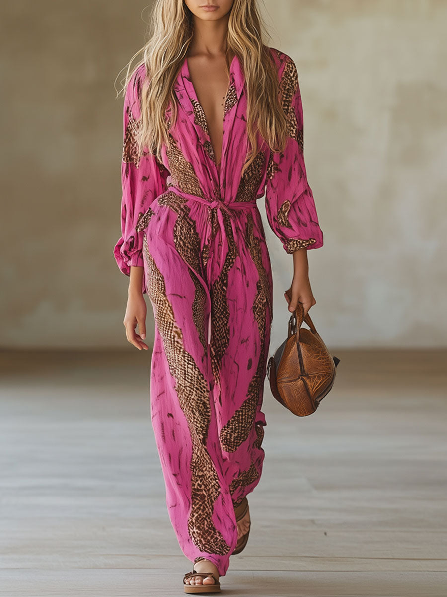 Eleonora | Damen Jumpsuit Leopardenmuster V-Ausschnitt Langarm