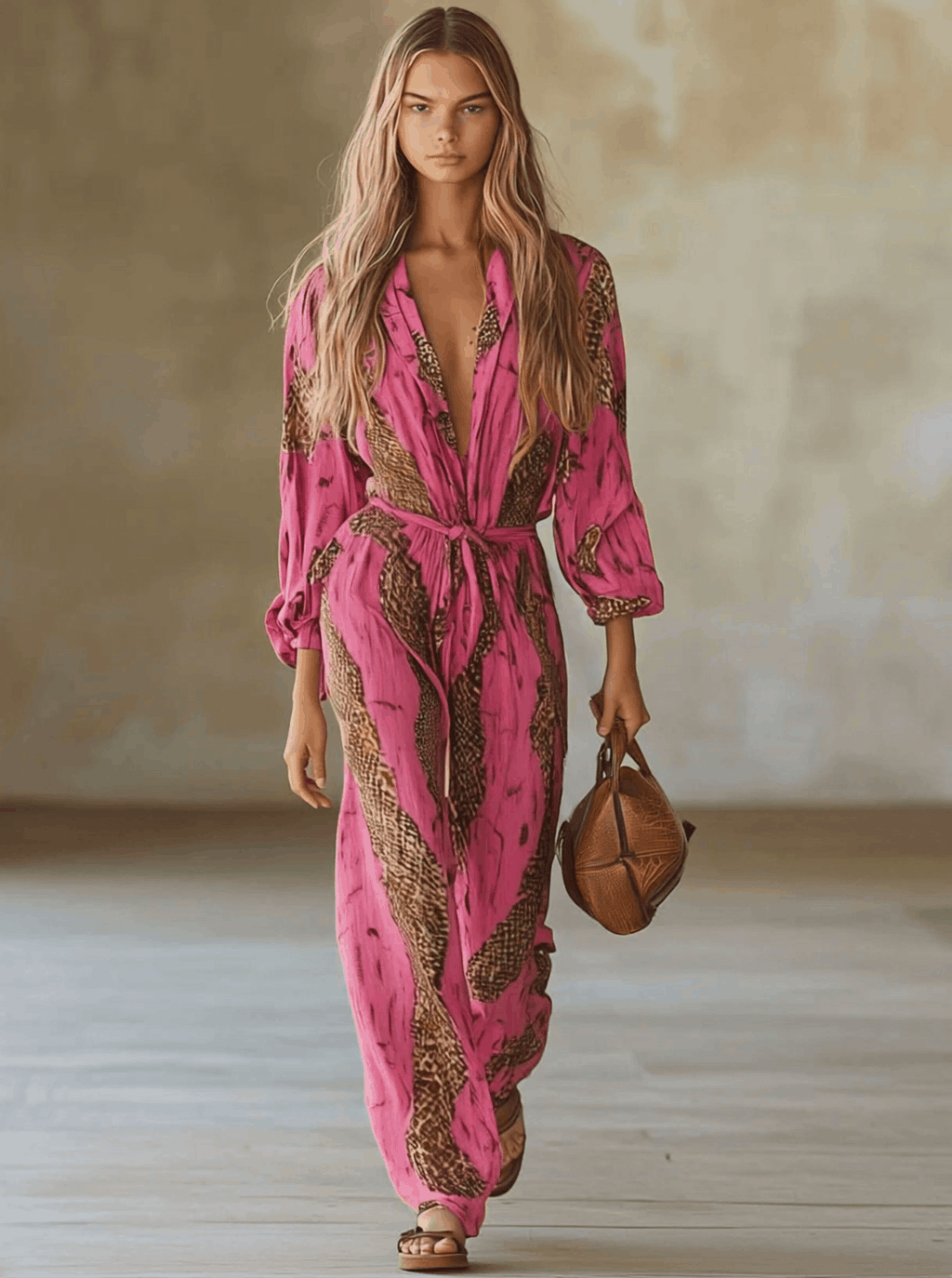Eleonora | Damen Jumpsuit Leopardenmuster V-Ausschnitt Langarm