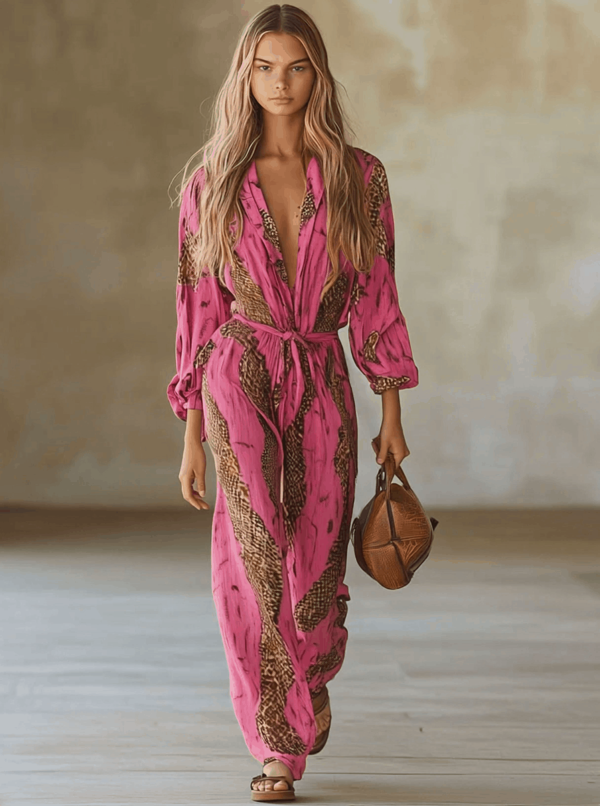 Eleonora | Damen Jumpsuit Leopardenmuster V-Ausschnitt Langarm