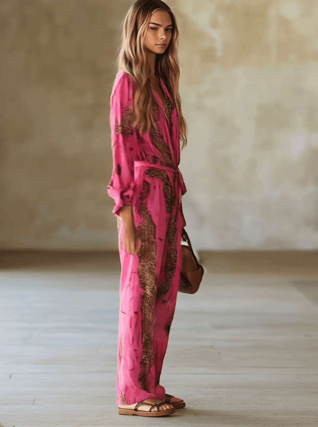 Eleonora | Damen Jumpsuit Leopardenmuster V-Ausschnitt Langarm