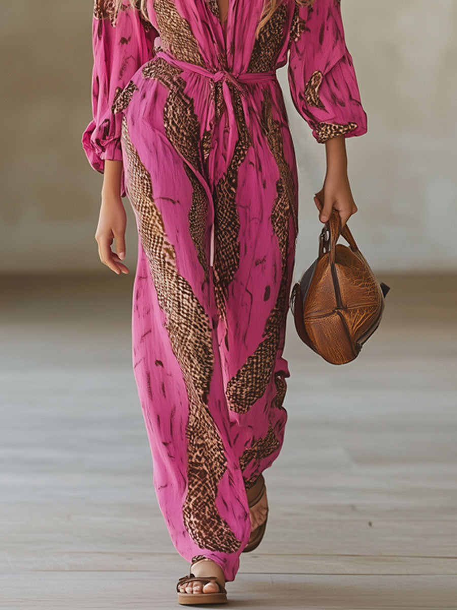 Eleonora | Damen Jumpsuit Leopardenmuster V-Ausschnitt Langarm
