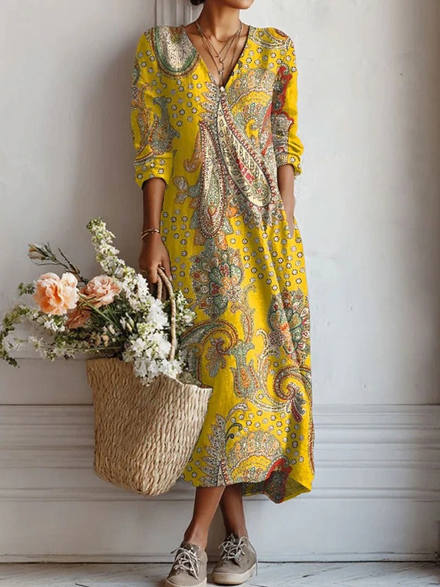 Esperanza | Damen Blumenkleid V-Ausschnitt Langarm Midi