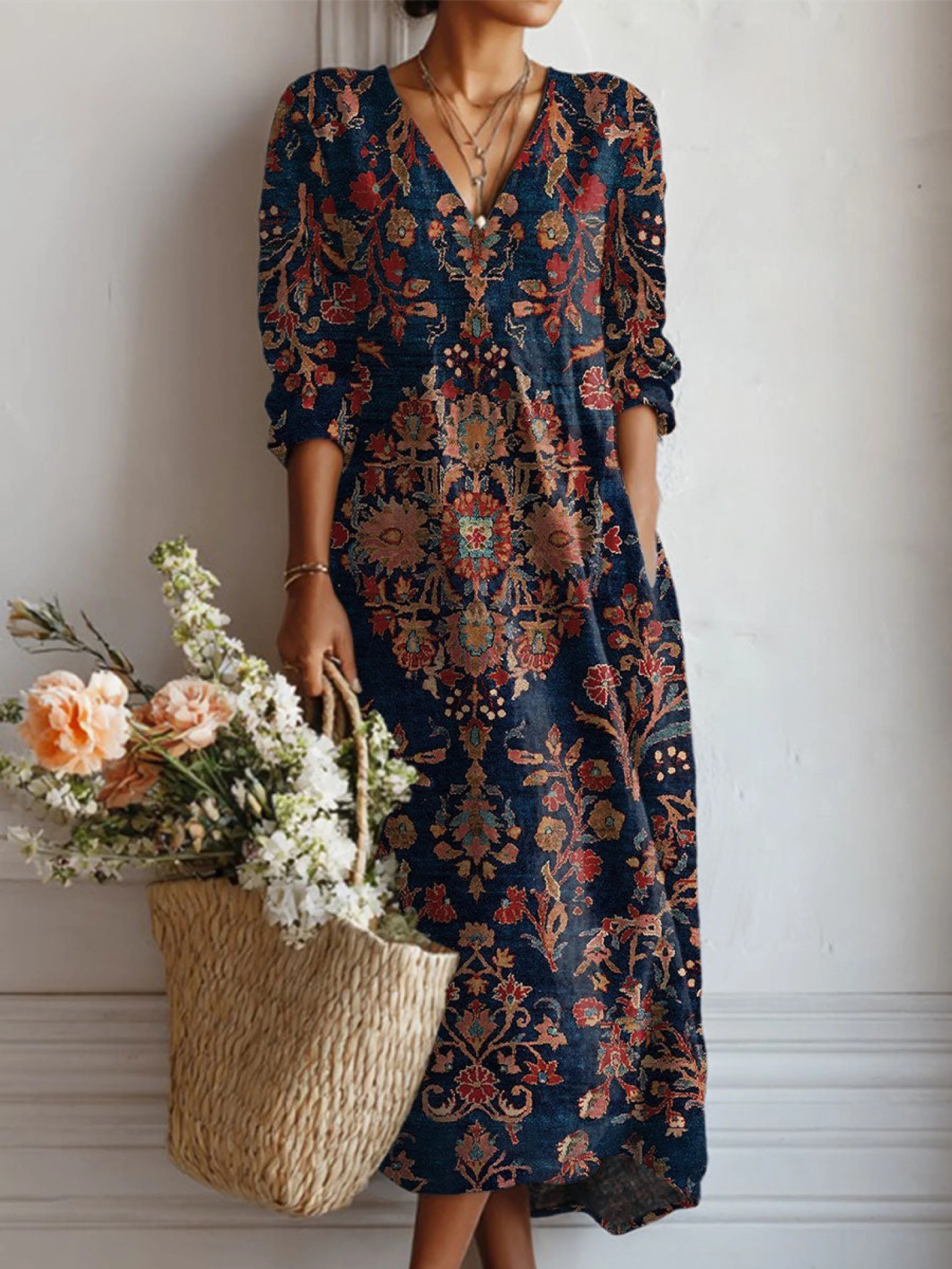 Esperanza | Damen Blumenkleid V-Ausschnitt Langarm Midi