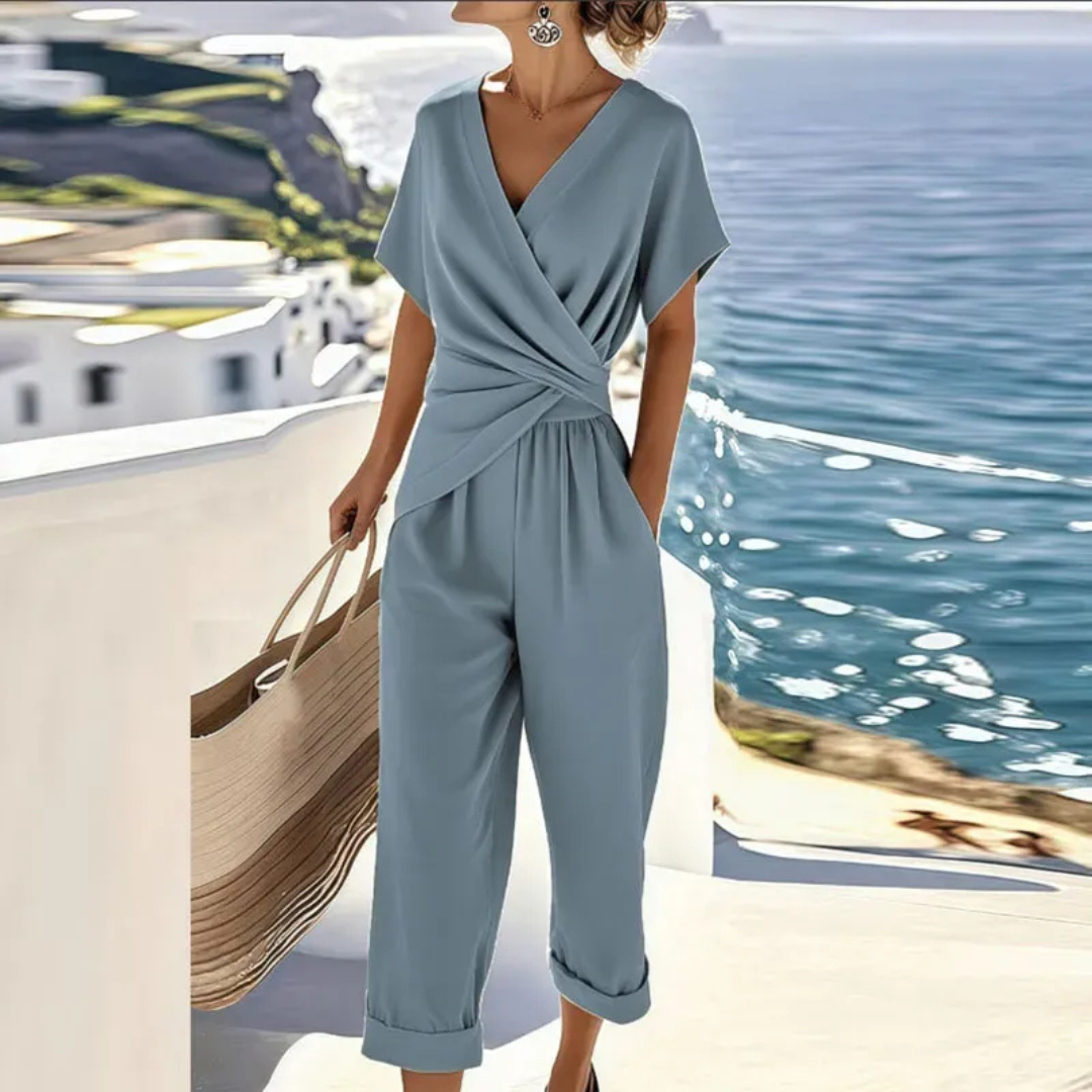 Estelle | Damen Jumpsuit V-Ausschnitt Kurzarm Casual