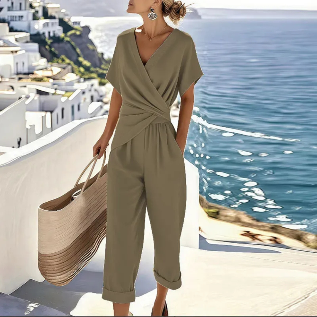 Estelle | Damen Jumpsuit V-Ausschnitt Kurzarm Casual