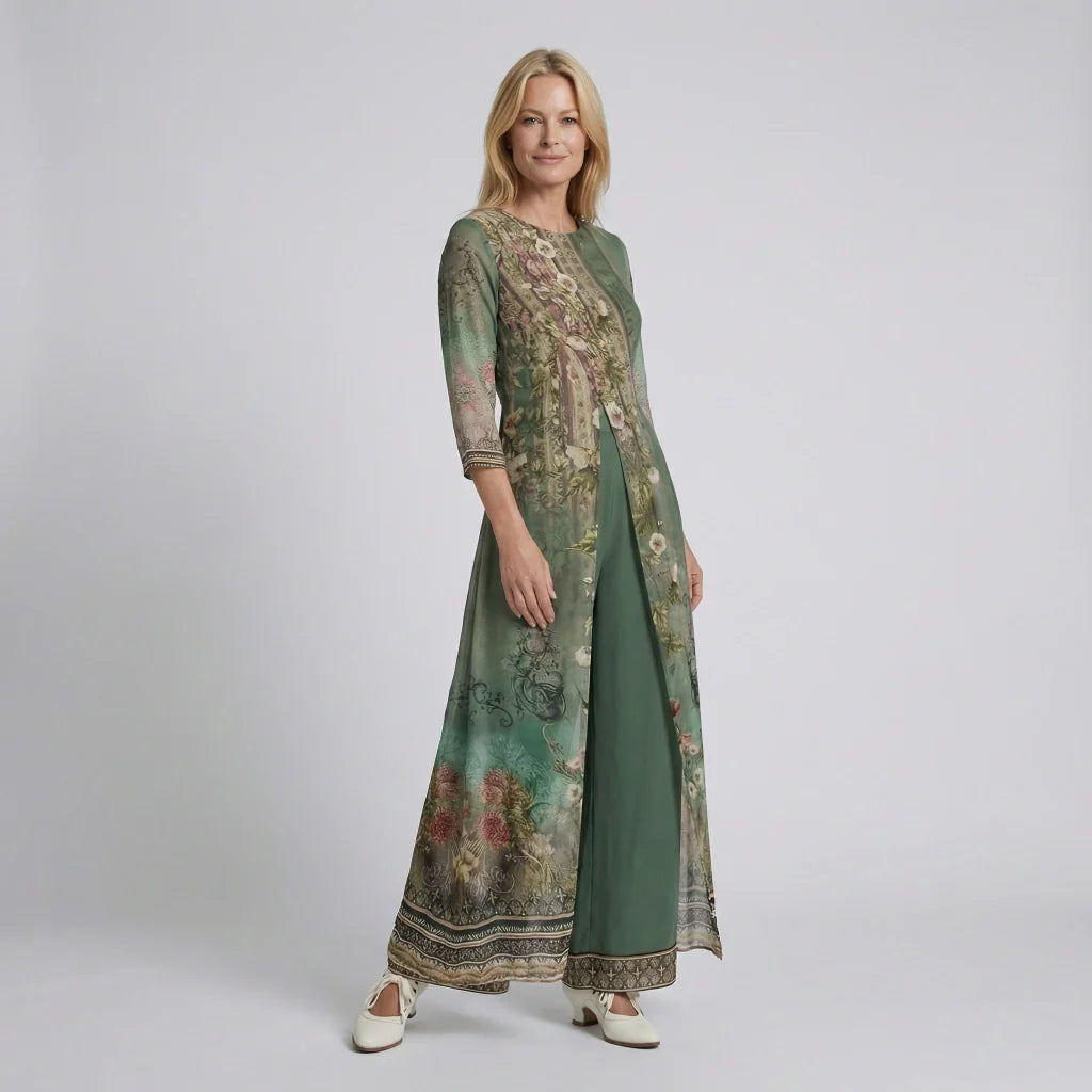 Weites Jumpsuit Set mit Rundhalsausschnitt und Langer Offener Tunika