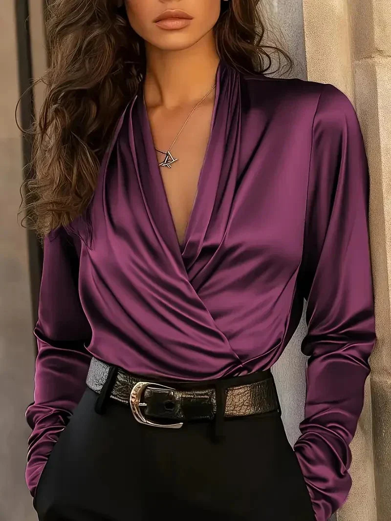 Evangeline | Damen Wickelbluse Langarm V-Ausschnitt