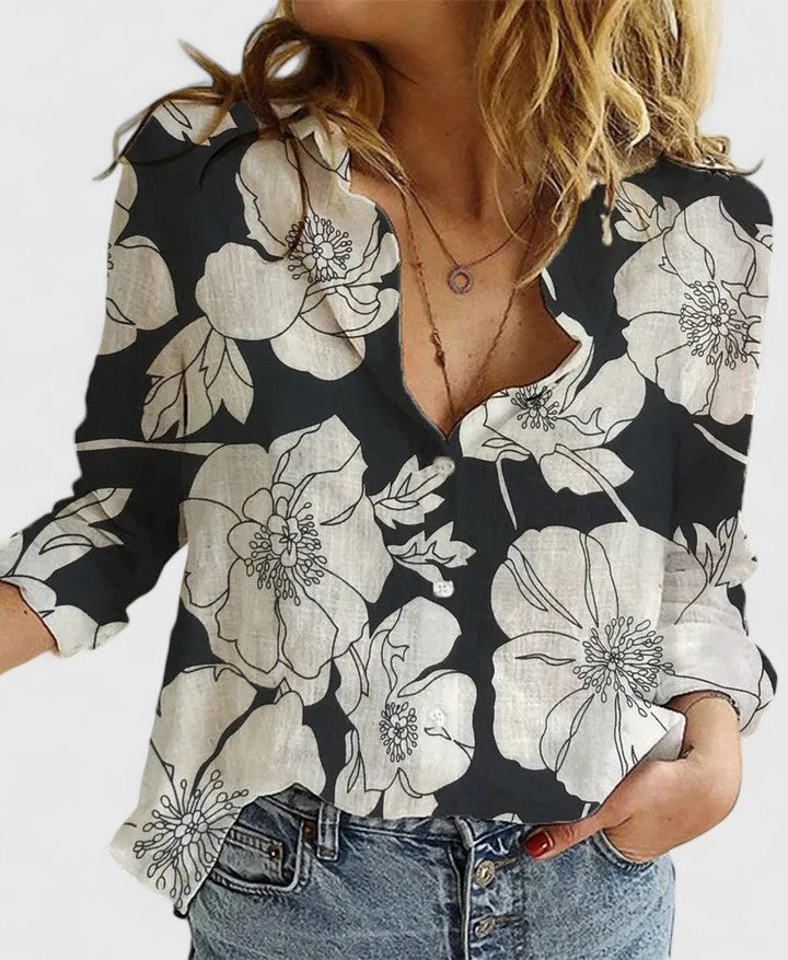 Evelina | Damen Blumendruck V-Ausschnitt Langarm Bluse