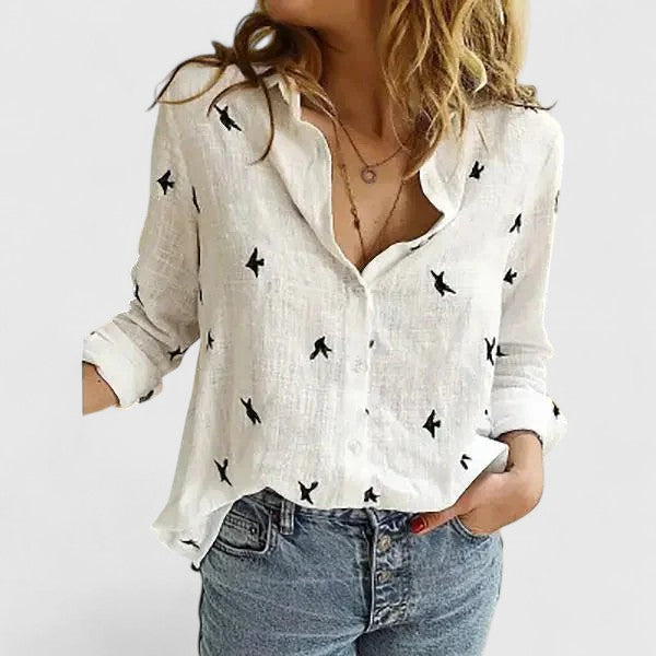Evelina | Damen Blumendruck V-Ausschnitt Langarm Bluse