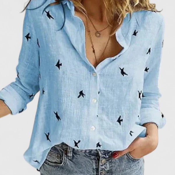 Evelina | Damen Blumendruck V-Ausschnitt Langarm Bluse