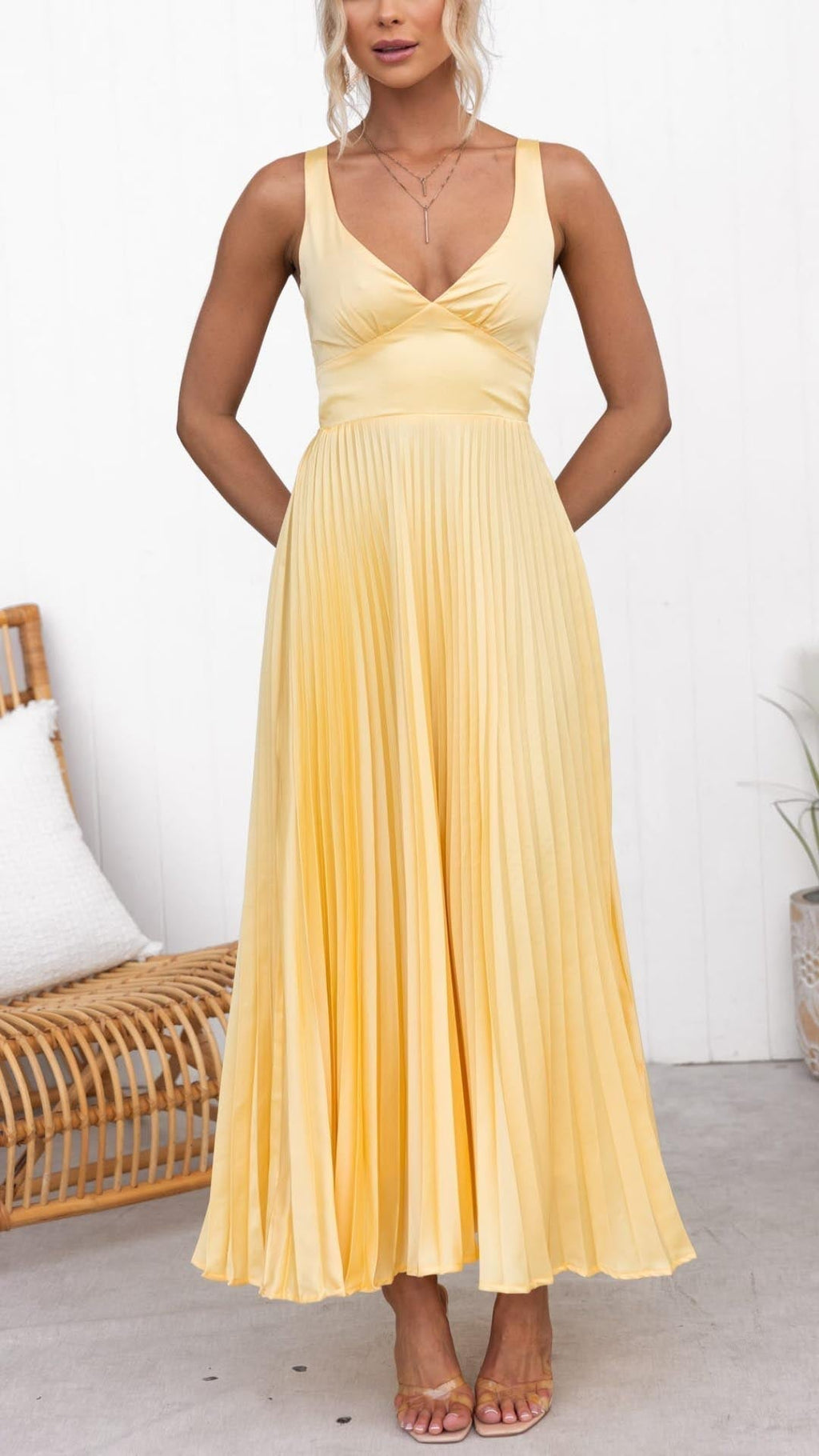 Fiona | Festliches Damen Maxikleid in Gelb Plissiert