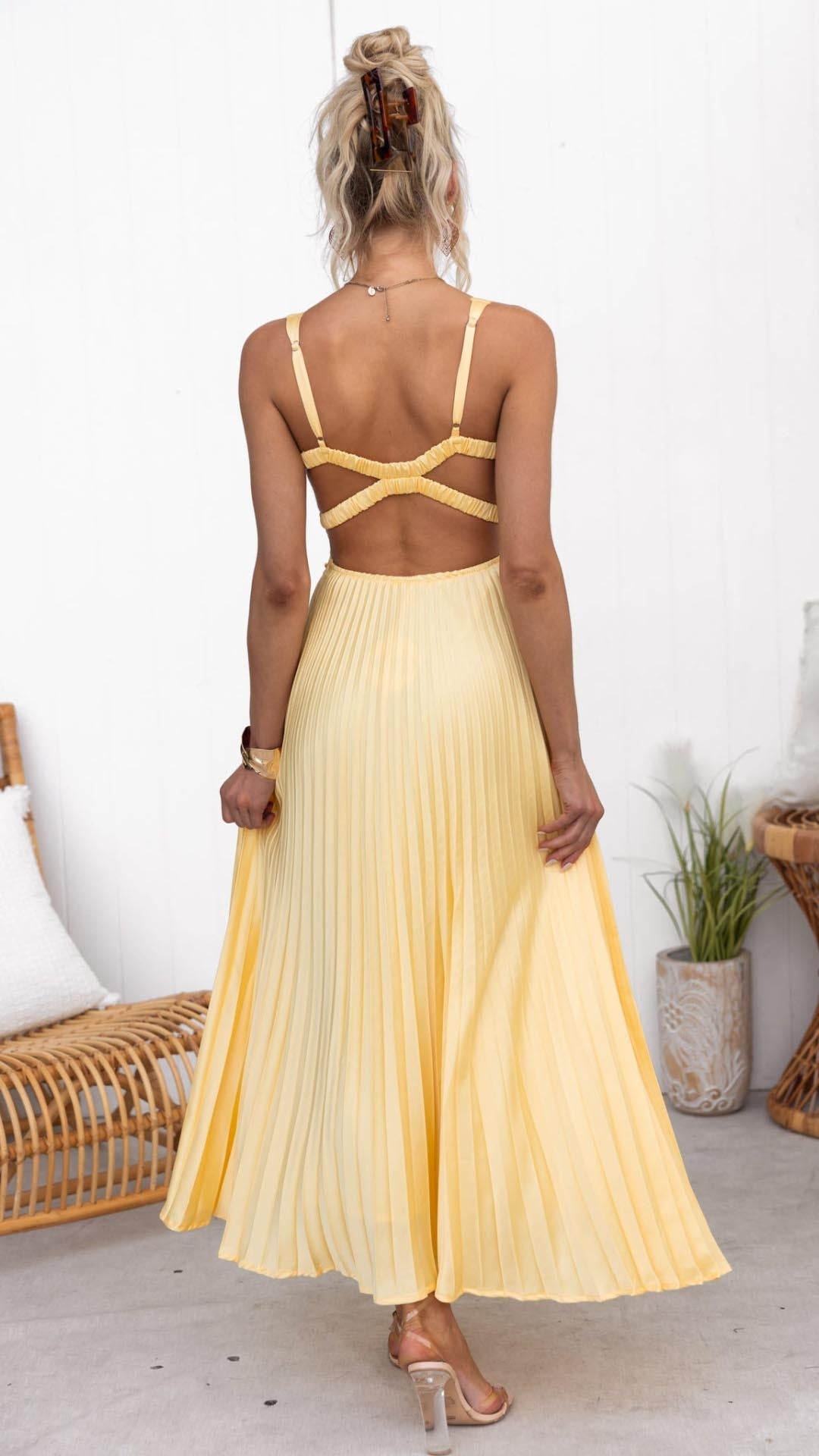 Fiona | Festliches Damen Maxikleid in Gelb Plissiert