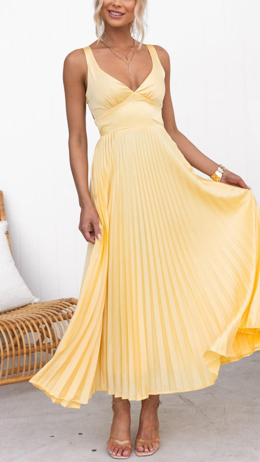 Fiona | Festliches Damen Maxikleid in Gelb Plissiert