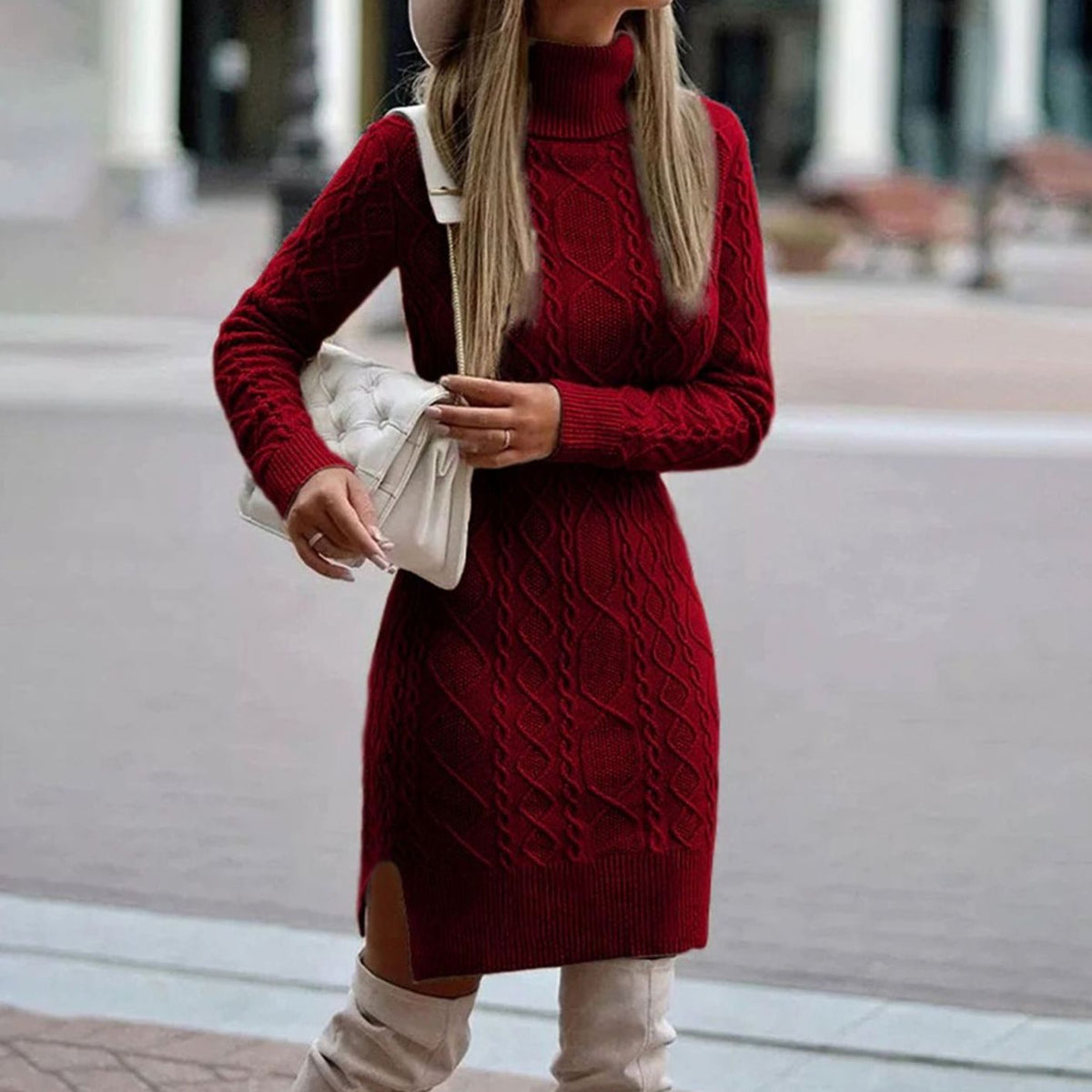 Lena | Festliches Damen Strickkleid Midi mit Rollkragen