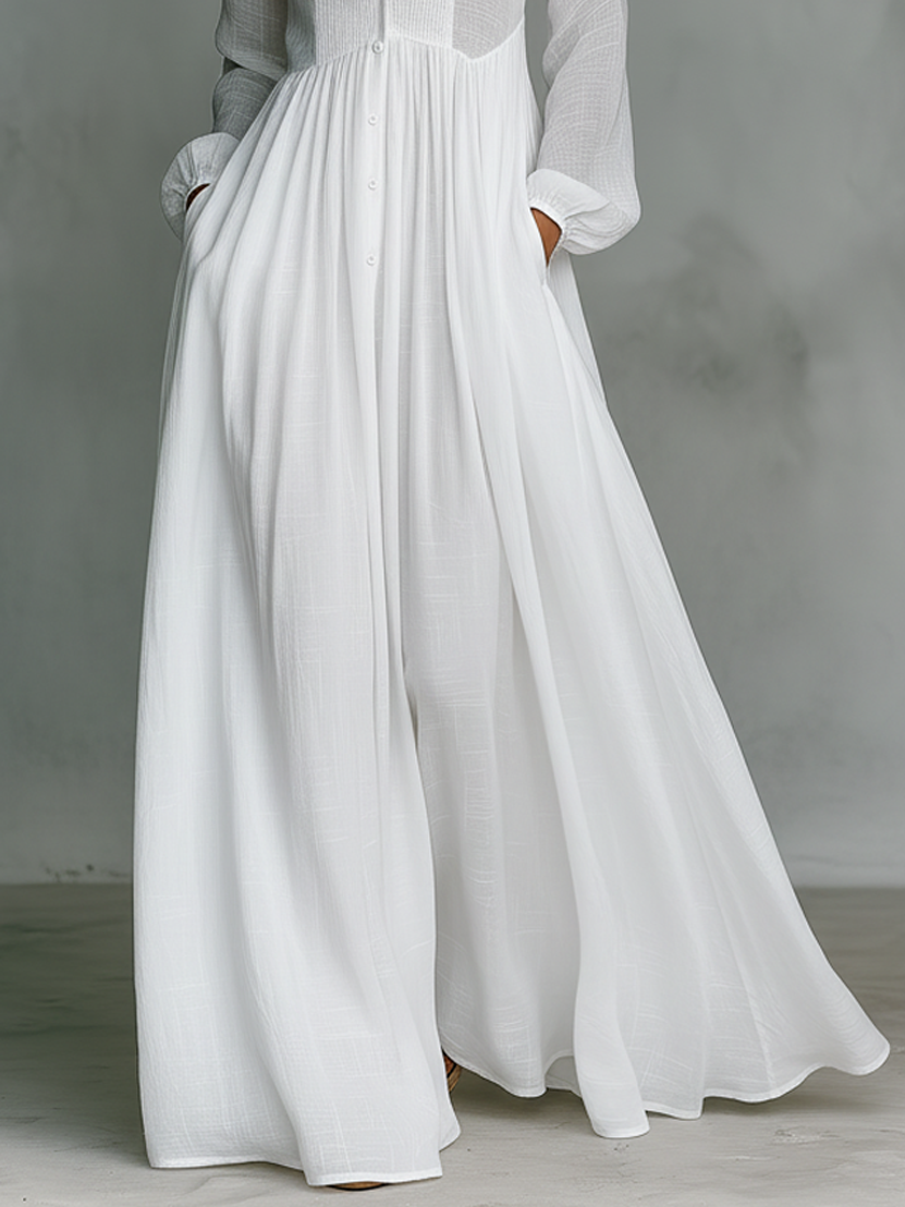 Damen Sommer Knopfleiste Leinen Maxikleid